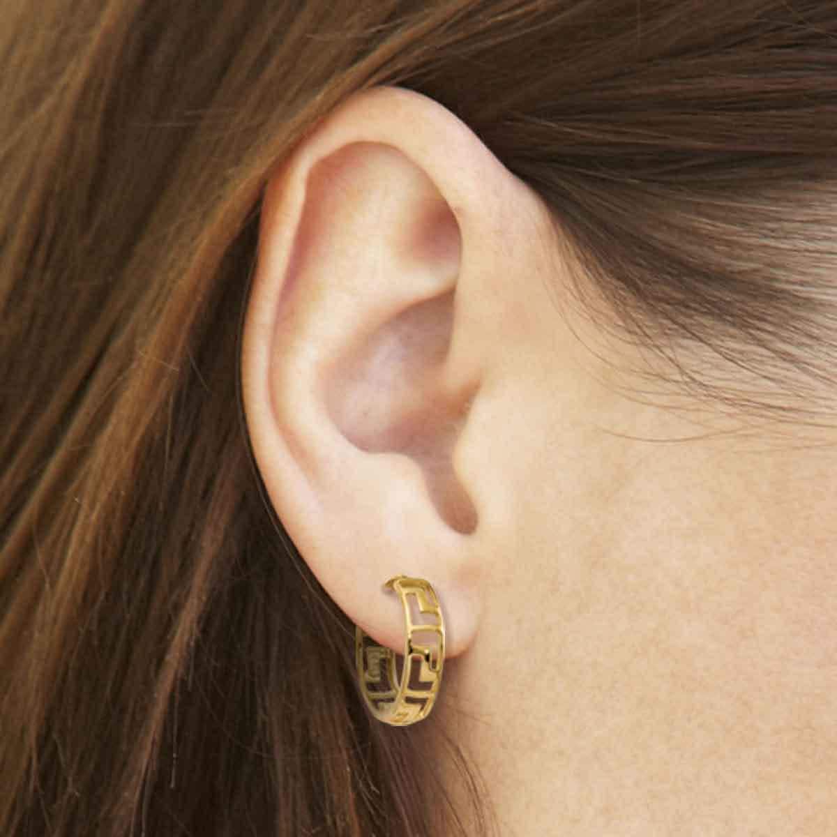 23 Millimeters 14k Yellow Gold 2 Millimeters Small Greek Pattern Hoop Earrings 0.8 Inches