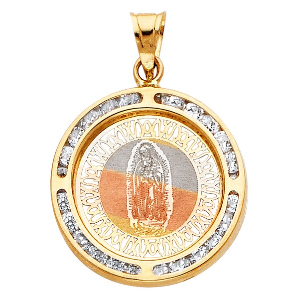 14k Yellow Gold Cubic Zirconia Guadalupe Medallion Pendant with 0.8-mm Square Wheat Chain