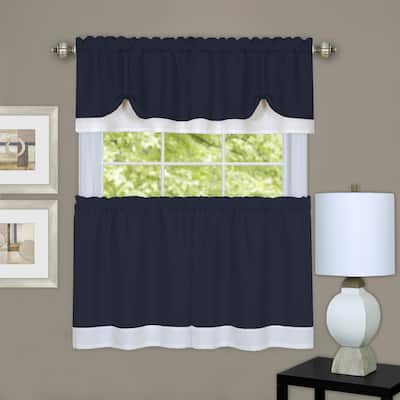 Navy/White Three-piece Double-layer Tie-up Tier and Valance Window Curtain Set (24 or 36 i