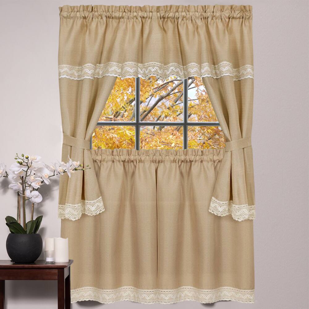 Camel 24-inch/36-inch 5-piece Linen Style Macrame Trim Kitchen Curtain Set