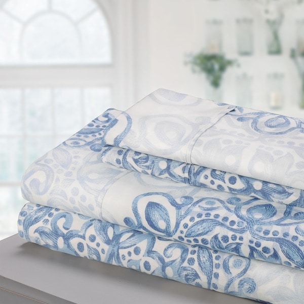 Superior 300 Thread Count Deep Pocket Printed Cotton Bed Sheet Set On