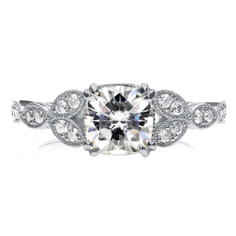 Annello by Kobelli 14k White Gold 1 1/10ct Cushion Forever Moissanite and 1/5ct TDW Diamond Floral A