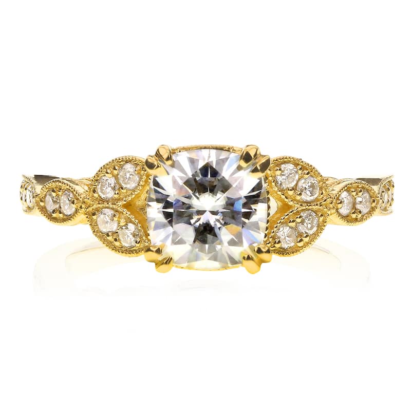 Annello by Kobelli 14k Yellow Gold 1 1/10ct Cushion Forever Moissanite and 1/5ct TDW Diamond Floral