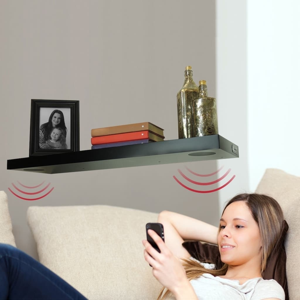 InPlace Wall Mounted Black Floating Shelf with 2 Bluetooth Speakers