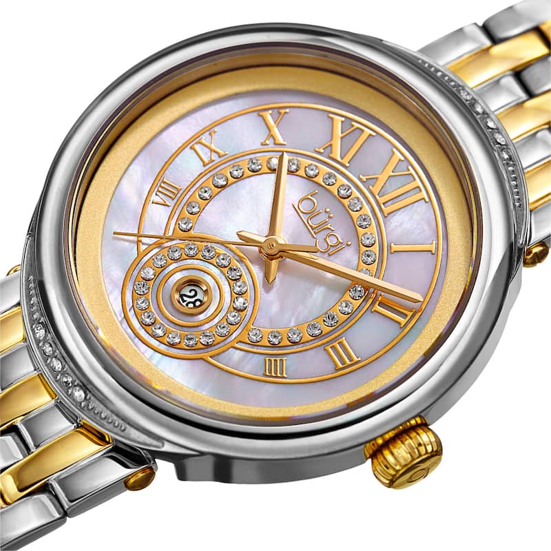Burgi Women's Quartz Swarovski Crystal Stainless Steel Two-Tone Bracelet Watch