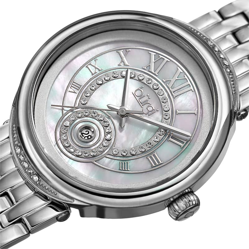 Burgi Women's Quartz Swarovski Crystal Stainless Steel Silver-Tone Bracelet Watch