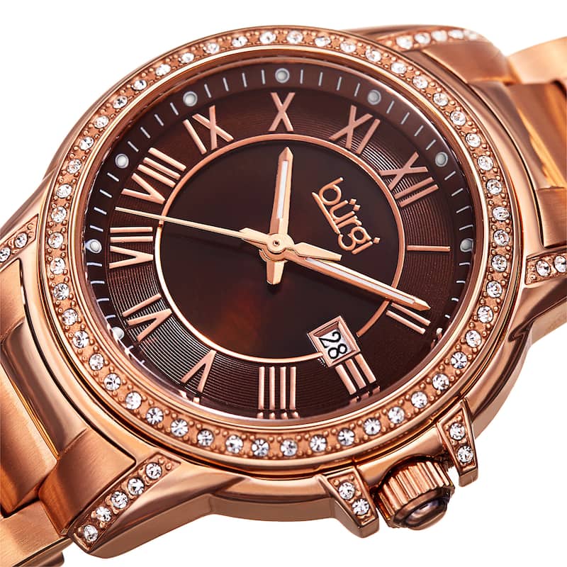 Burgi Women's Quartz Crystal Stainless Steel Rose-Tone Bracelet Watch