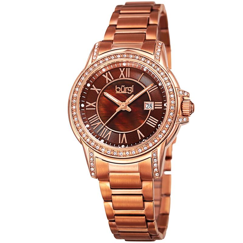 Burgi Women's Quartz Crystal Stainless Steel Rose-Tone Bracelet Watch