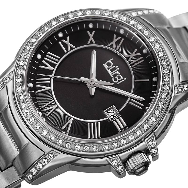 Burgi Women's Quartz Crystal Stainless Steel Silver-Tone Bracelet Watch