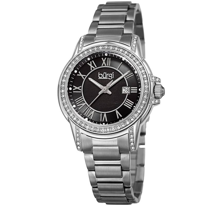 Burgi Women's Quartz Crystal Stainless Steel Silver-Tone Bracelet Watch