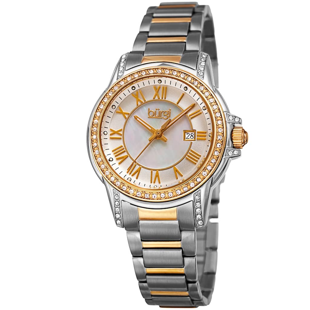 Burgi Women's Quartz Crystal Stainless Steel Two-Tone Bracelet Watch