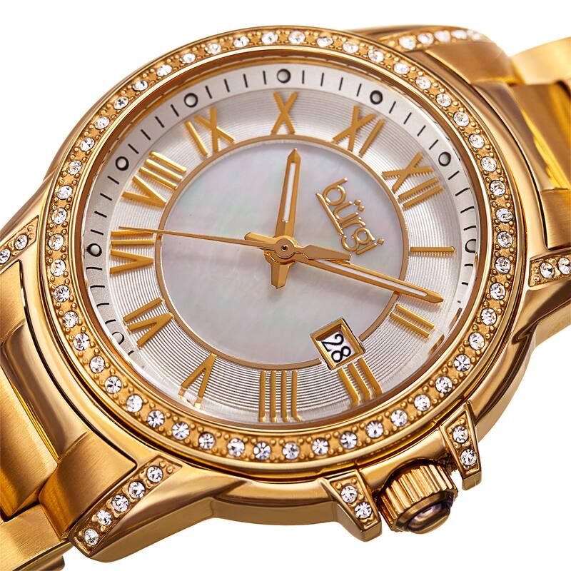 Burgi Women's Quartz Crystal Stainless Steel Gold-Tone Bracelet Watch