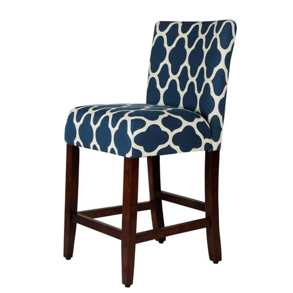 Blue Upholstered Bar stools with geo prints