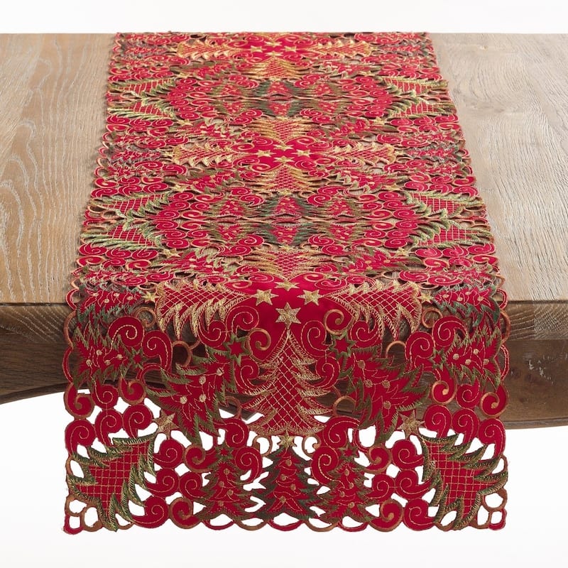 Panettone Collection Holiday Christmas Tree Cutwork Table Runner - Red - 16"x108"
