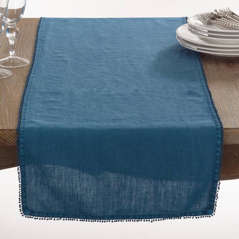 Table Runner With Pom Pom Design - ocean blue