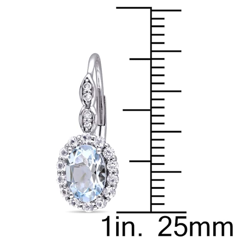 Miadora 14k White Gold Oval-cut Aquamarine, White Topaz and Diamond Accent Halo Leverback Drop Earrings