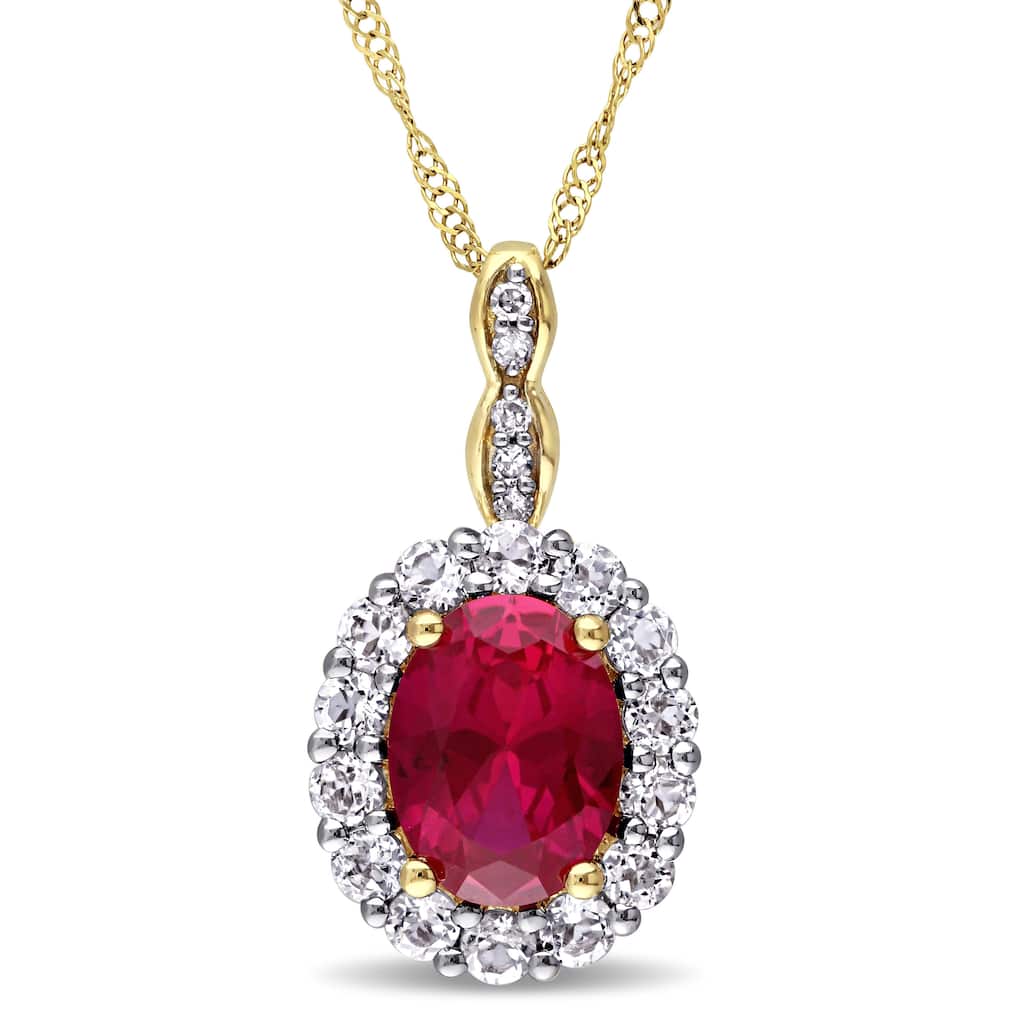 Miadora 14k Yellow Gold Oval-cut Created Ruby, White Topaz and Diamond Accent Halo Drop Necklace (G-H, I1-I2) - Red