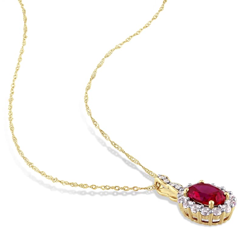Miadora 14k Yellow Gold Oval-cut Created Ruby, White Topaz and Diamond Accent Halo Drop Necklace (G-H, I1-I2) - Red