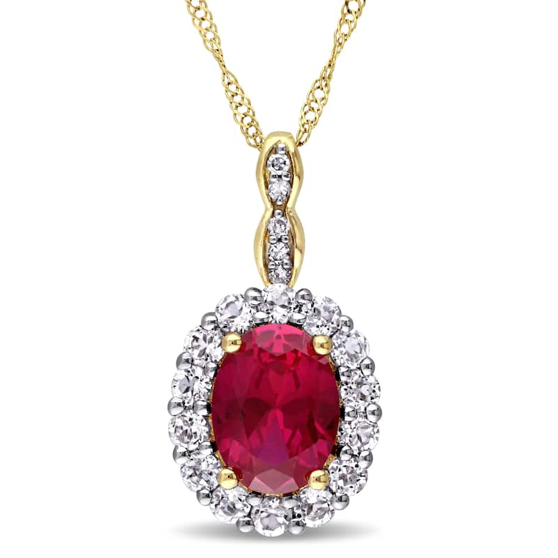 Miadora 14k Yellow Gold Oval-cut Created Ruby, White Topaz and Diamond Accent Halo Drop Necklace (G-H, I1-I2) - Red
