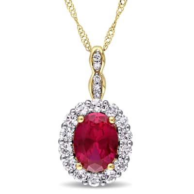 Miadora 14k Yellow Gold Oval-cut Created Ruby, White Topaz and Diamond Accent Halo Drop Necklace (G-H, I1-I2) - Red