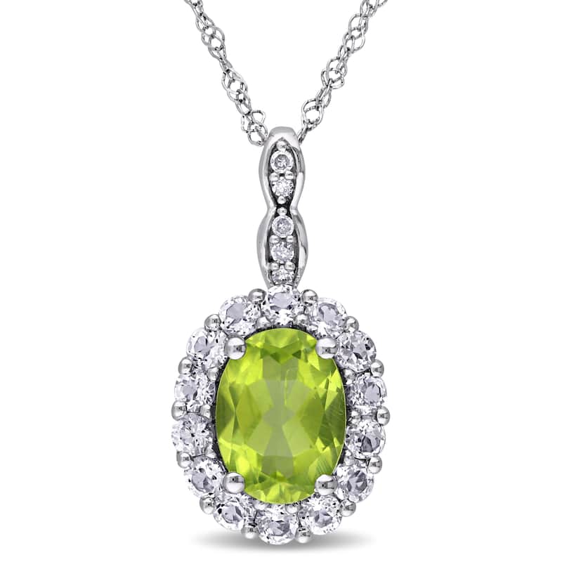 Miadora 14k White Gold Oval-cut Peridot, White Topaz and Diamond Accent Halo Drop Necklace - Green