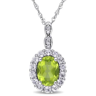 Miadora 14k White Gold Oval-cut Peridot, White Topaz and Diamond Accent Halo Drop Necklace - Green