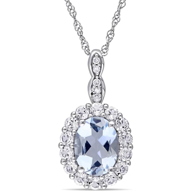Miadora 14k White Gold Oval-cut Aquamarine, White Topaz and Diamond Accent Birthstone Halo Drop Necklace (G-H, I1-I2) - Blue