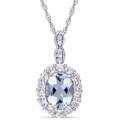 Miadora 14k White Gold Oval-cut Aquamarine, White Topaz and Diamond Accent Birthstone Halo Drop Necklace (G-H, I1-I2) - Blue