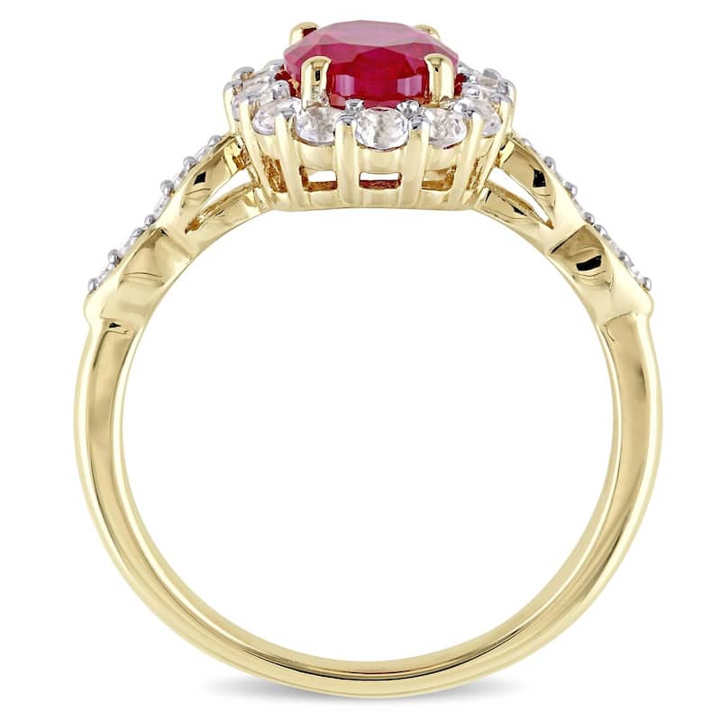 Miadora 14k Yellow Gold Oval-cut Created Ruby, White Topaz and Diamond Accent Halo Cocktail Ring