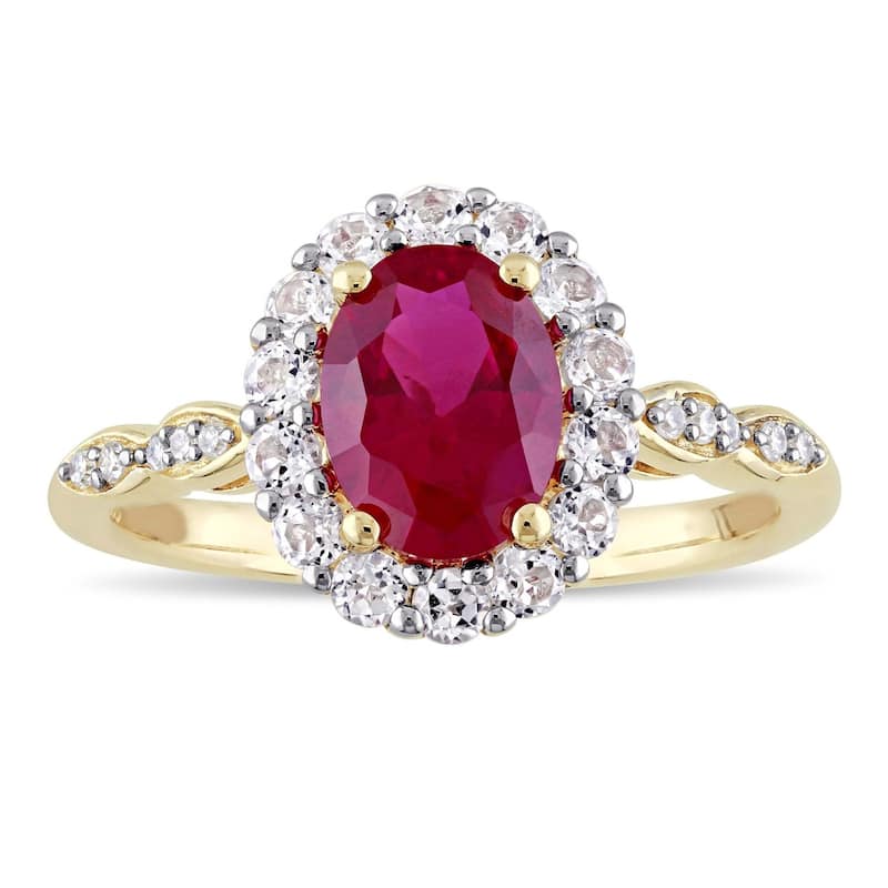 Miadora 14k Yellow Gold Oval-cut Created Ruby, White Topaz and Diamond Accent Halo Cocktail Ring - 4