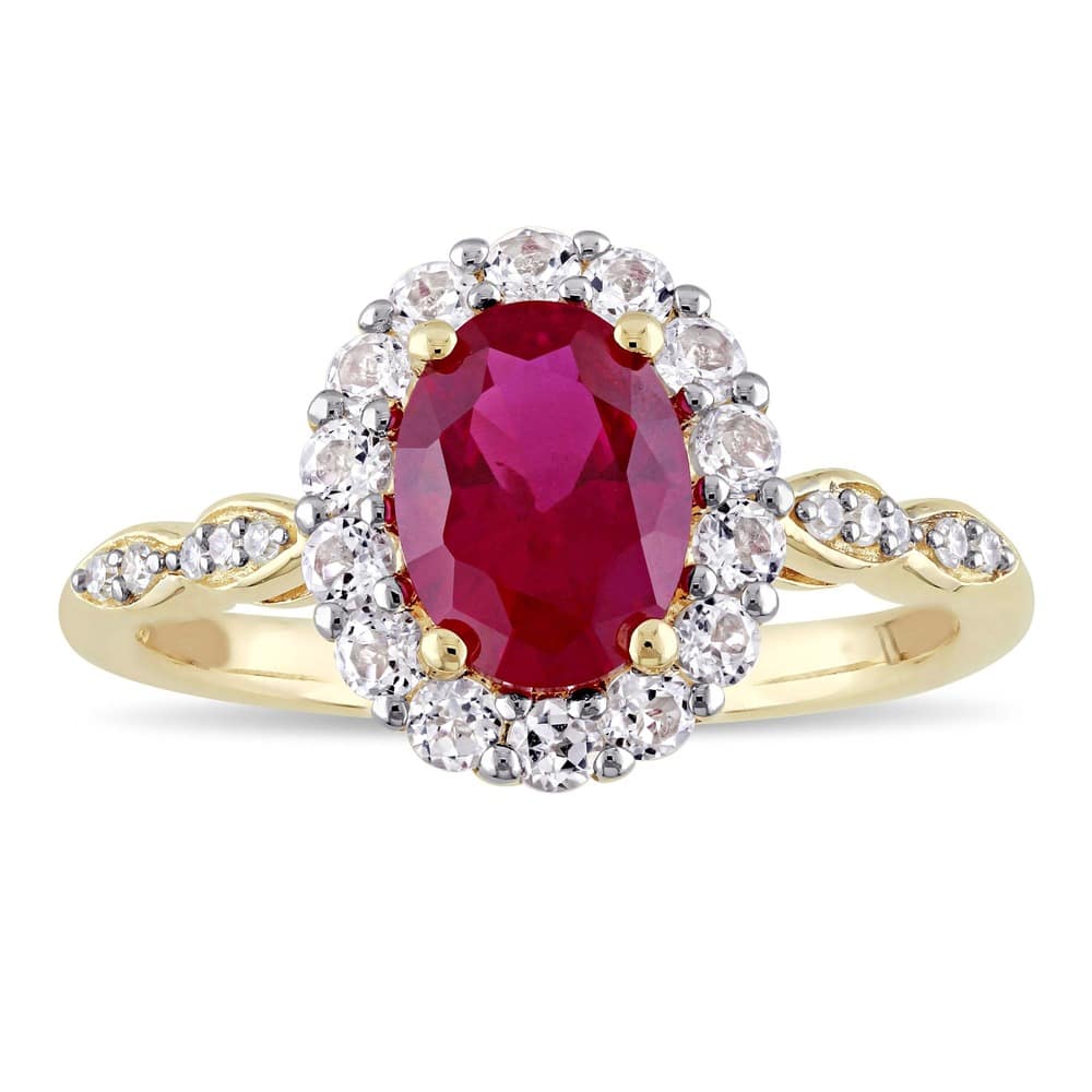 Miadora 14k Yellow Gold Oval-cut Created Ruby, White Topaz and Diamond Accent Halo Cocktail Ring