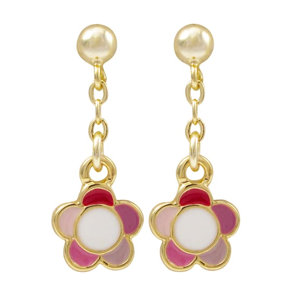 Sterling Silver Pink Enamel Kids Flower Dangle Earrings