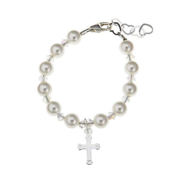 White Pearls With Swarovski Element Crystals And Sterling White Pearls With Swarovski Element Crystals And Sterling Silver Engraved Cross Bracelet