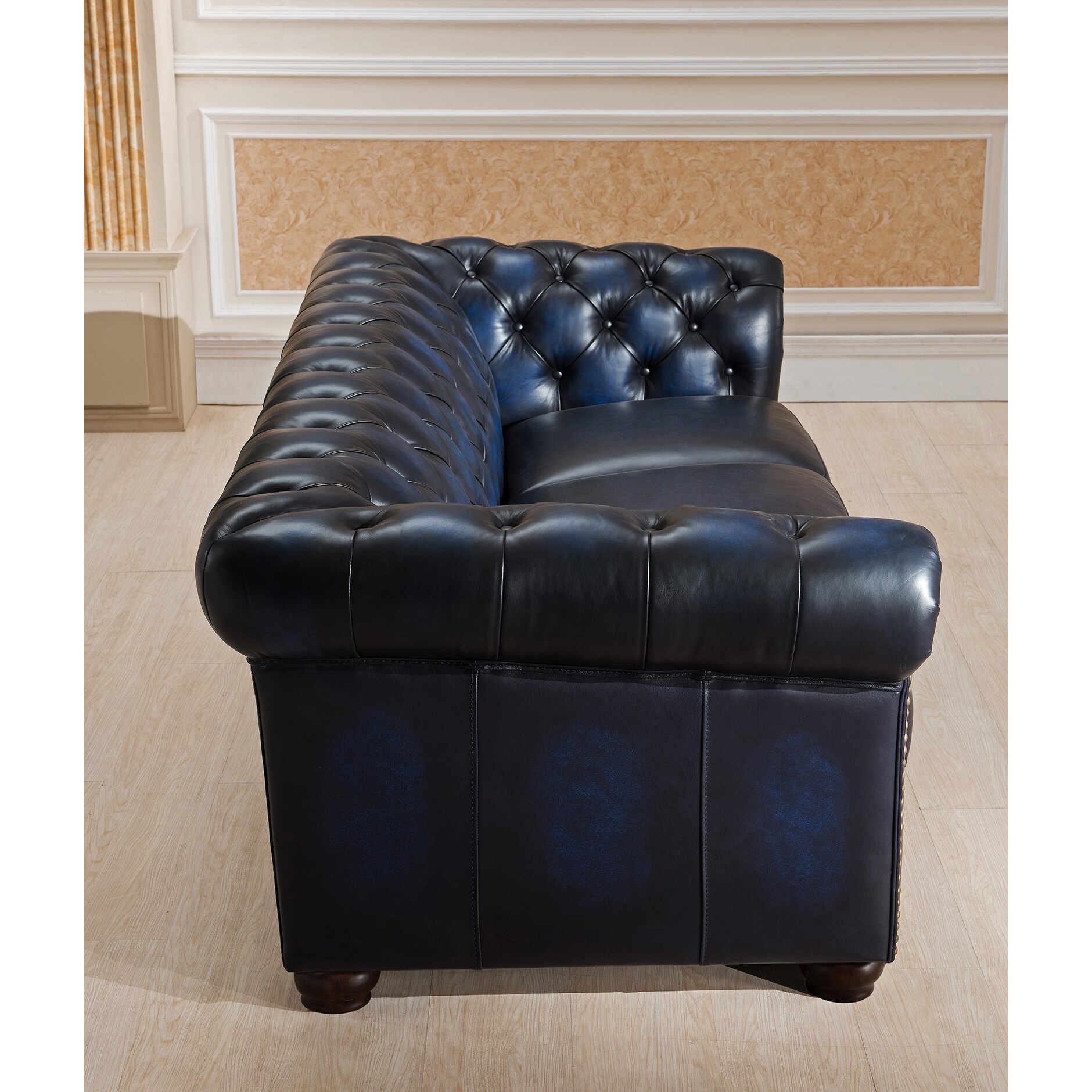 Nebraska Genuine Hand Rubbed Blue Leather Chesterfield Sofa and Two Chair  Set, image size:1880x1880