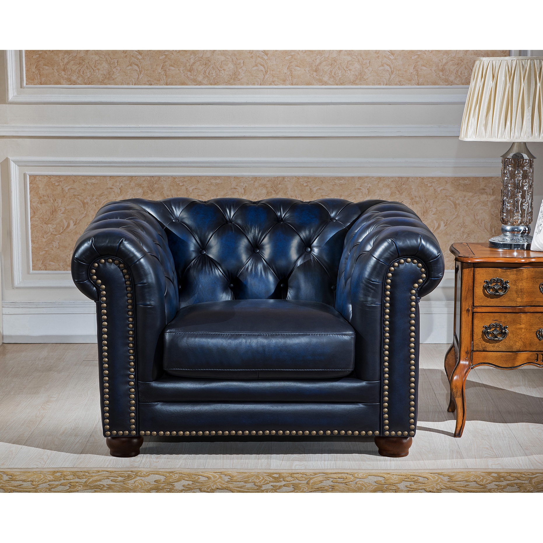 Nebraska Genuine Hand Rubbed Blue Leather Chesterfield Sofa and Two Chair  Set - Bed Bath \u0026 Beyond - 12143397, image size:1861x1861
