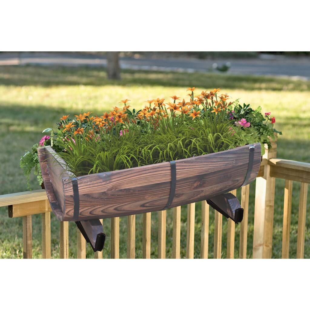 Half Barrel Brown Wood Adjustable Deck Railing Planter