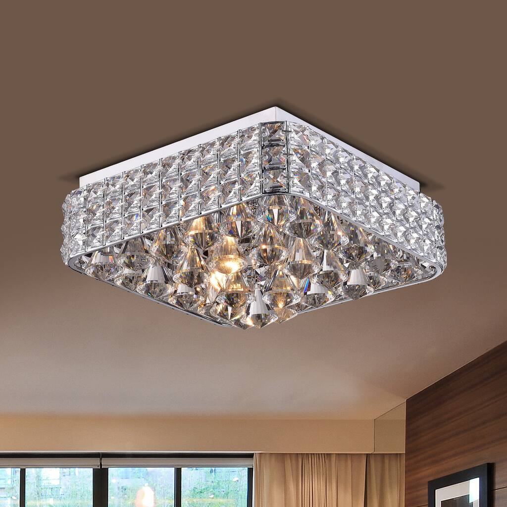 Gisela Contemporary Chrome Finish Square Flush Mount Crystal Chandelier