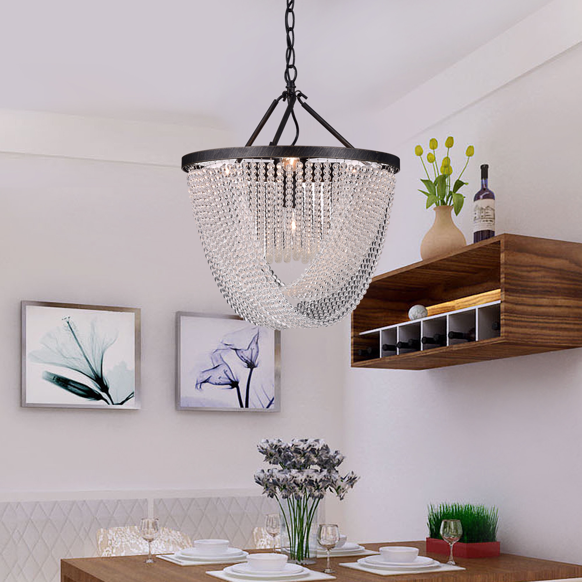 Samanta Antique Black Iron/Clear Glass Beads 6-light Chandelier (Antique Black, Clear Glass Beads, Chandelier) - Chandeliers For Bedrooms by Overstock.com