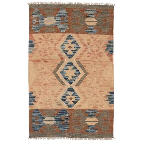 Handmade One-of-a-Kind Wool Mimana Kilim Rug (Afghanistan) - 2'7 x 4'1
