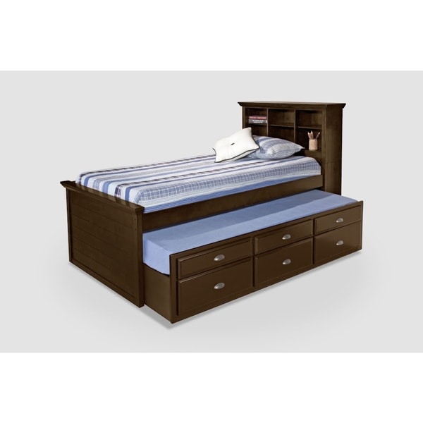 Cherry Bookcase Twin Size Captains Bed with Trundle and Storage Drawers.  Free Shipping Today 