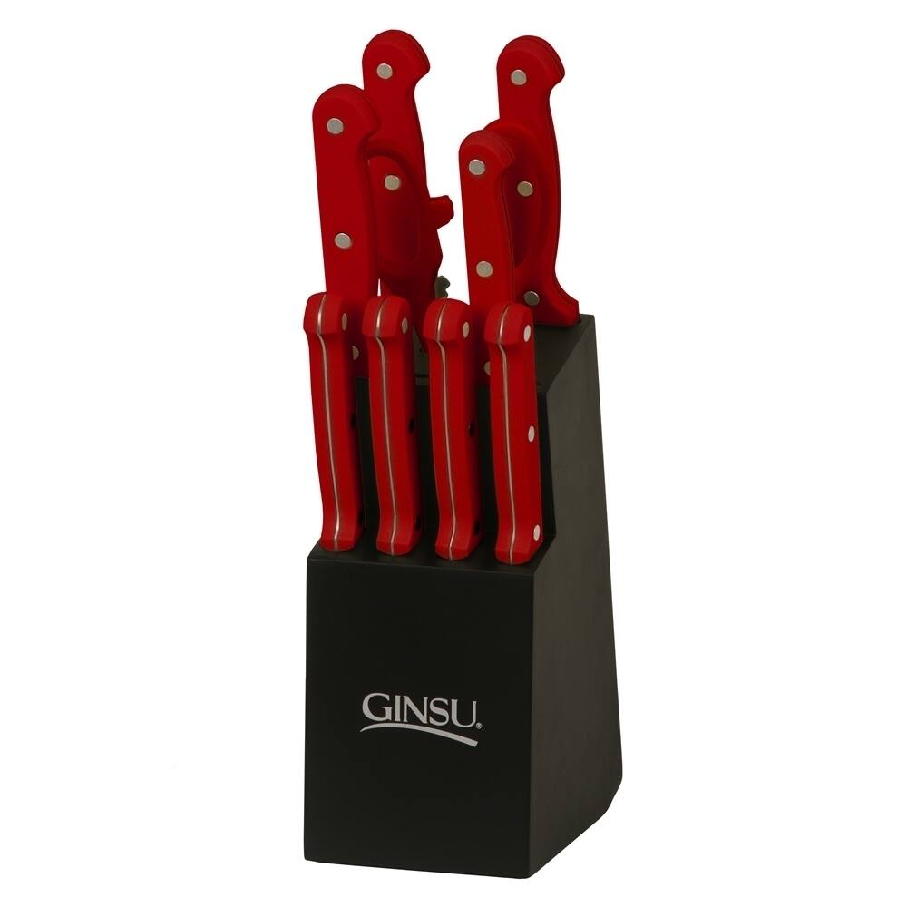 Ginsu Essential Series 10-Piece Stainless Steel Serrated Knife Set - Cutlery Set with Red Kitchen Knives, Black Block