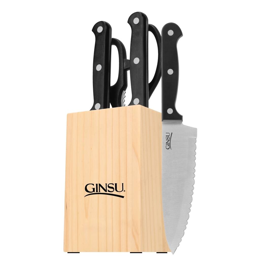Ginsu Essential Series 5-Piece Stainless Steel Serrated Knife Set - Cutlery Set with Black Kitchen Knives, Natural Block