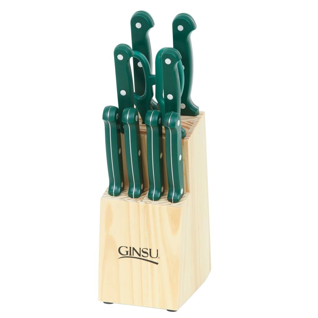 Ginsu Essential Series 10-Piece Stainless Steel Serrated Knife Set - Cutlery Set with Red Kitchen Knives, Natural Block