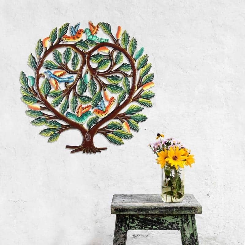 Handmade 24-inch Painted Tree of Life Heart Metal Wall Art (Haiti)
