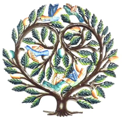 Handmade 24-inch Painted Tree of Life Heart Metal Wall Art (Haiti)