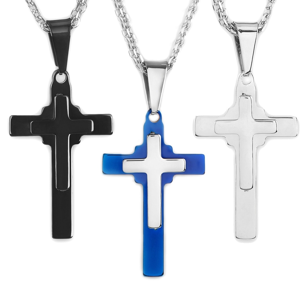 Stainless Steel Polished and Brushed Cut-out Cross Necklace; 20 inch