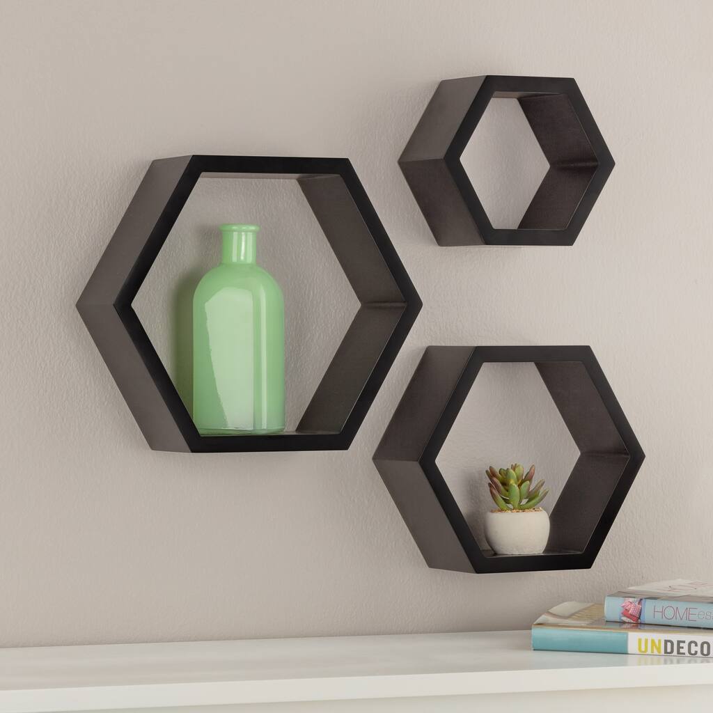 Gallery Solutions Black Wood Decorative Wall Hexagon Floating Ledges