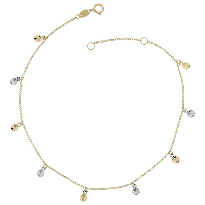 Fremada 10k Two-Tone Gold Dangling Diamond-Cut Disc Charm Adjustable Length Anklet