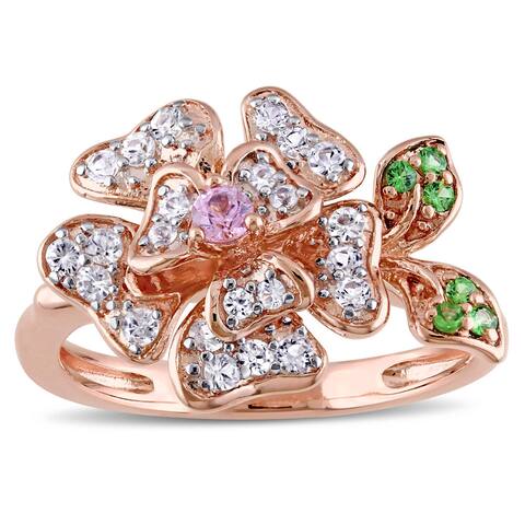 Laura Ashley Rose Plated Sterling Silver White and Pink Sapphire Tsavorite Flower Ring