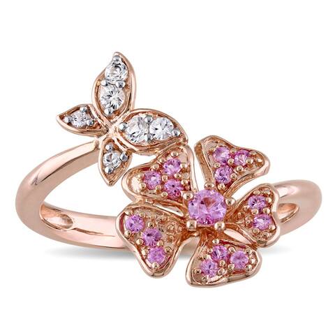 Laura Ashley Rose Plated Sterling Silver Pink and White Sapphire Flower and Butterfly Ring